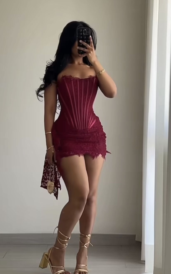 Sexy Burgundy Strapless Lace Sheath Short Cocktail Dress Hoco Dresses - Zhaelle formal gown