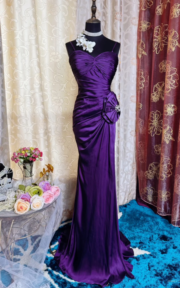 Sexy Spaghetti Straps Satin Pleated Slit Long Prom Dress Purple Mermaid Evening Gown - Zhaelle formal gown