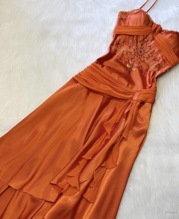 Spaghetti Straps Long Orange Party Dress Satin Evening Gown - Zhaelle formal gown