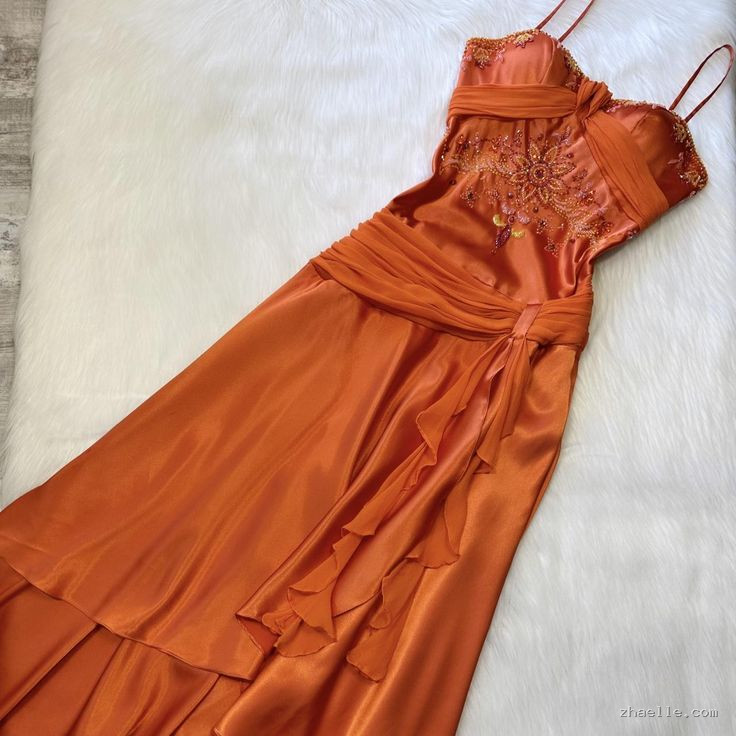 Spaghetti Straps Long Orange Party Dress Satin Evening Gown - Zhaelle formal gown
