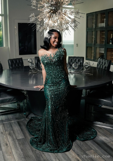 Sparkly One Shoulder Satin Evening Dress Emerald Green Mermaid Prom Dresses - Zhaelle formal gown