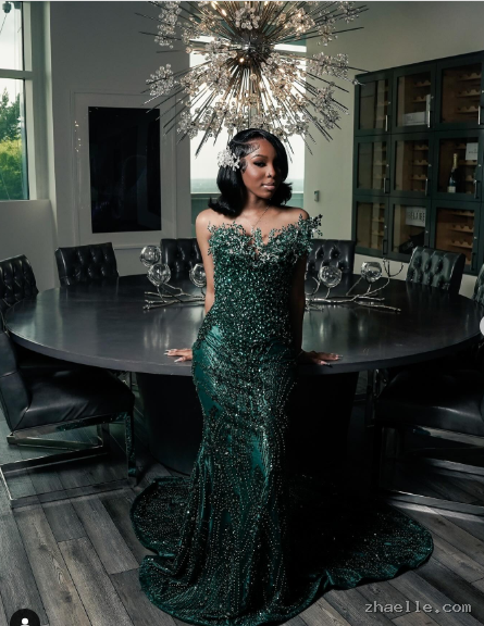 Sparkly One Shoulder Satin Evening Dress Emerald Green Mermaid Prom Dresses - Zhaelle formal gown