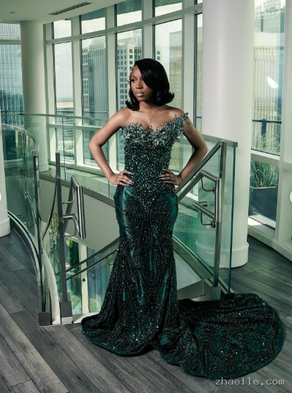 Sparkly One Shoulder Satin Evening Dress Emerald Green Mermaid Prom Dresses - Zhaelle formal gown