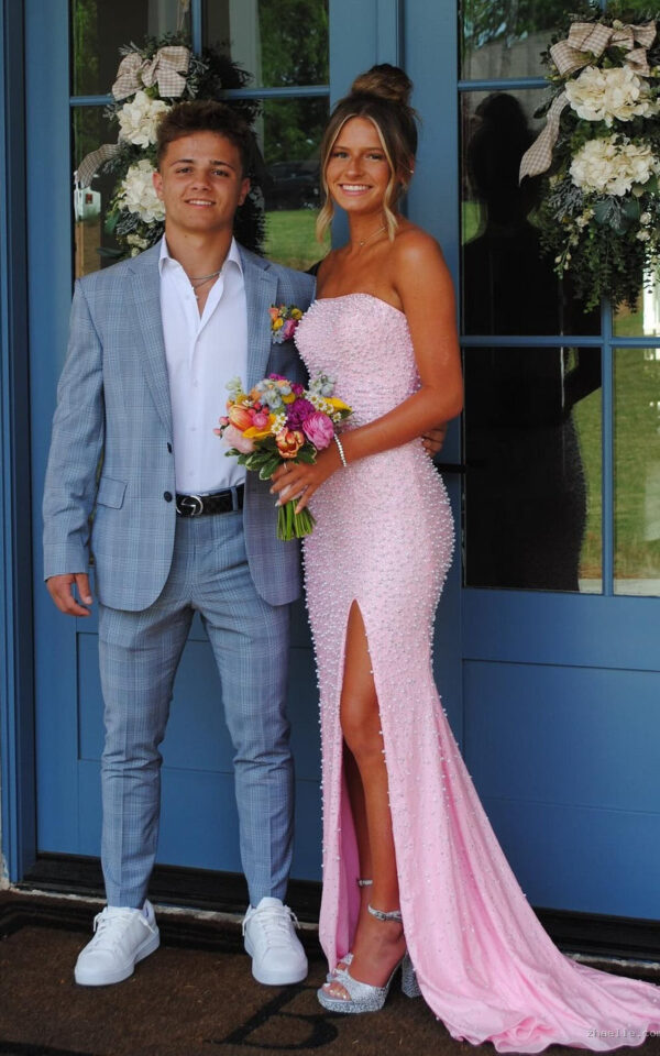 Sparkly Pink Pearl Long Prom Dress Side Slit Graduation Dresses - Zhaelle formal gown