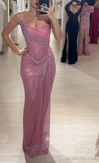 Sparkly Sheath Pink Sequin Long Prom Dresses Strapless 22th Birthday Outfit Graduation Dress - Zhaelle formal gown