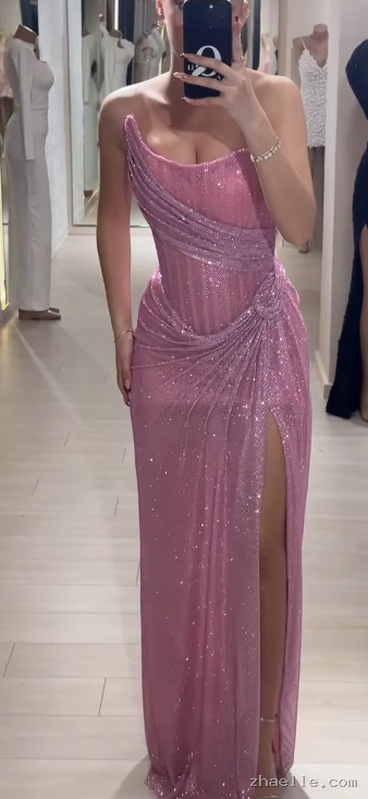 Sparkly Sheath Pink Sequin Long Prom Dresses Strapless 22th Birthday Outfit Graduation Dress - Zhaelle formal gown