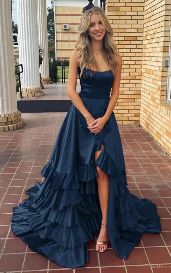 Strapless A Line Lace-Up Ruffled Tiered Prom Dress with Slit - Zhaelle formal gown
