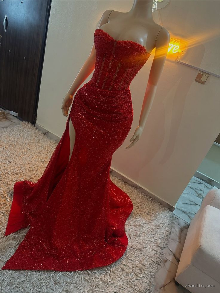 Stunning Mermaid Red Formal Dresses Strapless Leg Slit Prom Dress Tight - Zhaelle formal gown