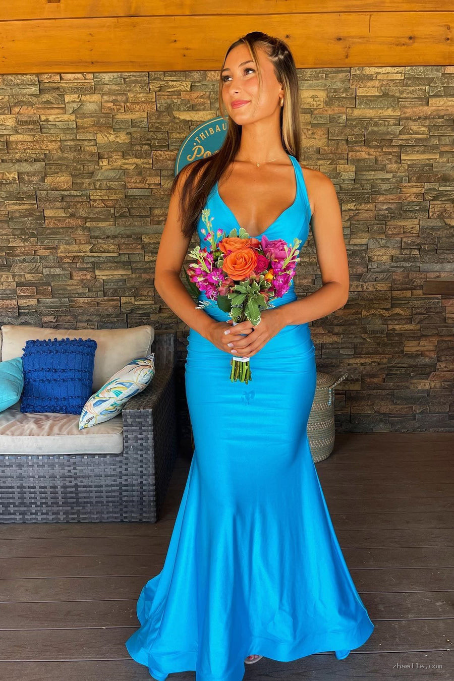 V-neck Open Back Ruched Mermaid Graduation Dress Formal Dresses Long - Zhaelle formal gown