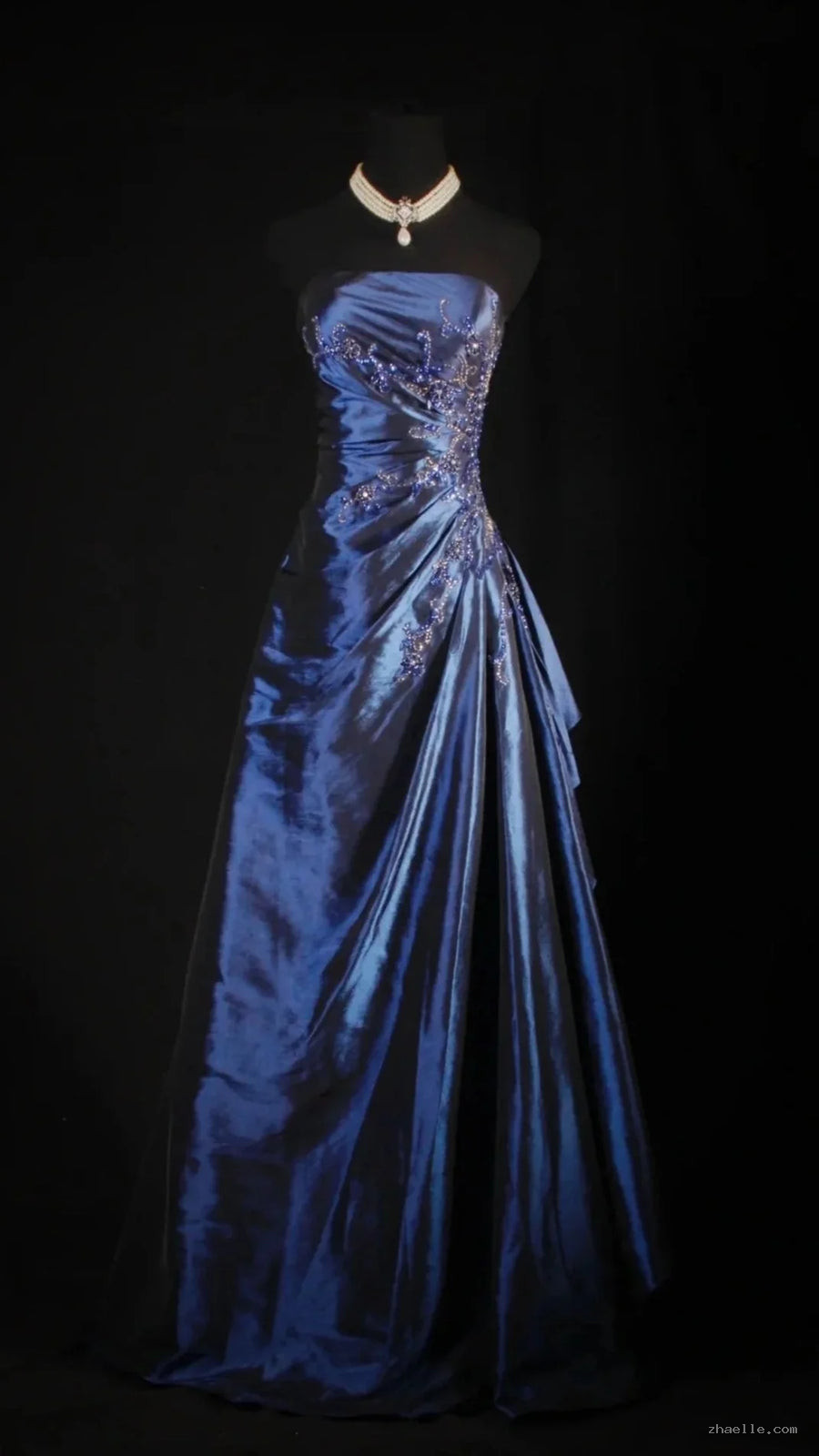 Vintage Ball Gown Strapless Navy Blue Beaded Long Prom Dresses Formal Evening Dress - Zhaelle formal gown