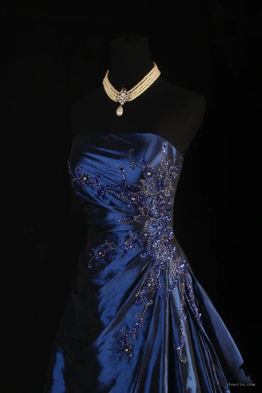 Vintage Ball Gown Strapless Navy Blue Beaded Long Prom Dresses Formal Evening Dress - Zhaelle formal gown