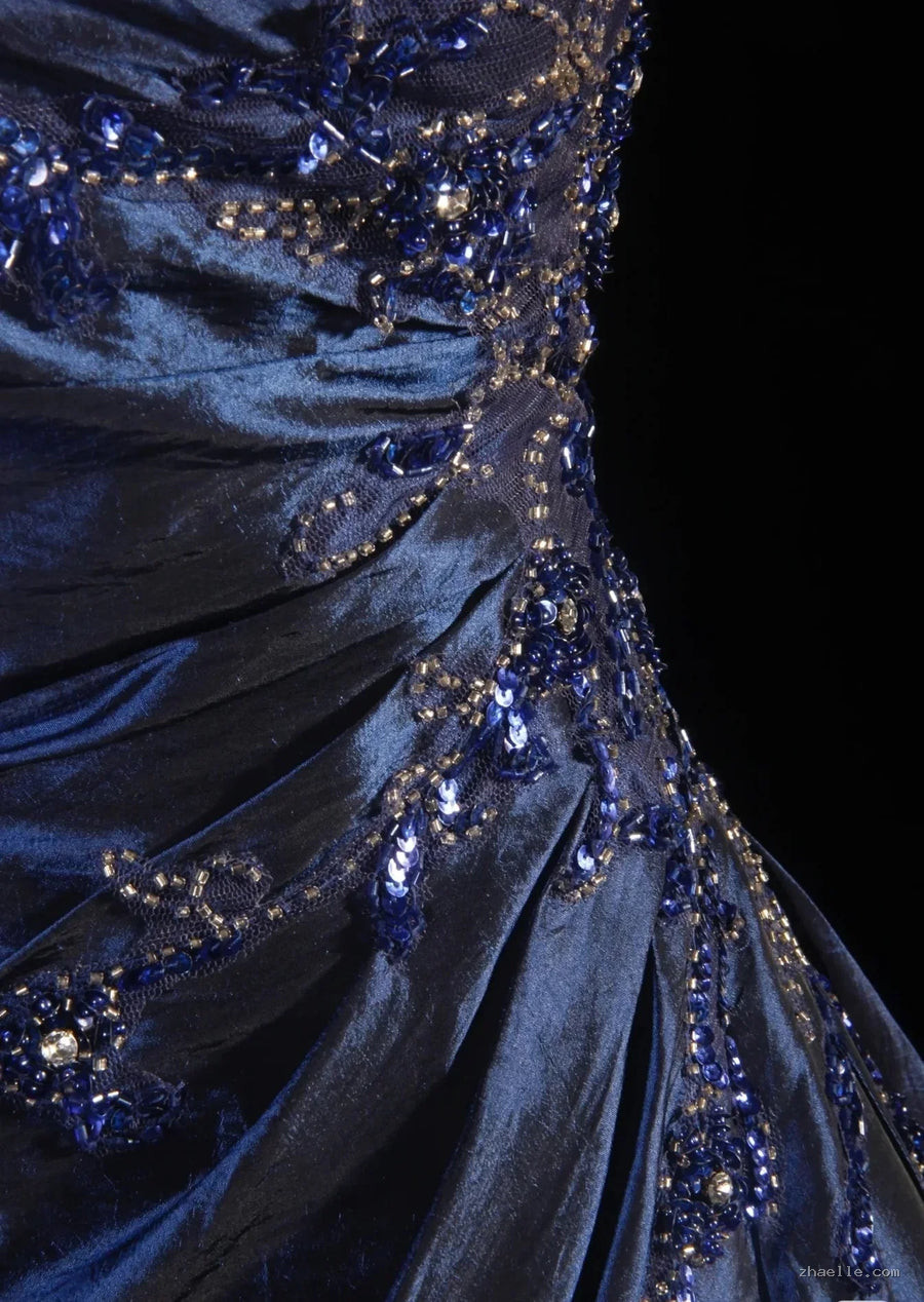 Vintage Ball Gown Strapless Navy Blue Beaded Long Prom Dresses Formal Evening Dress - Zhaelle formal gown