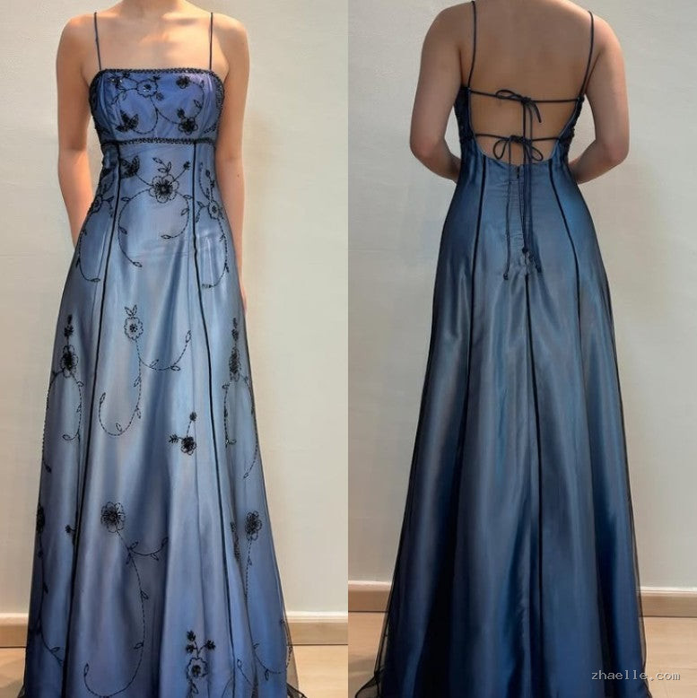 Vintage Blue Gradient Empire Prom Dresses Backless Romantic Beaded Evening Dresses - Zhaelle formal gown