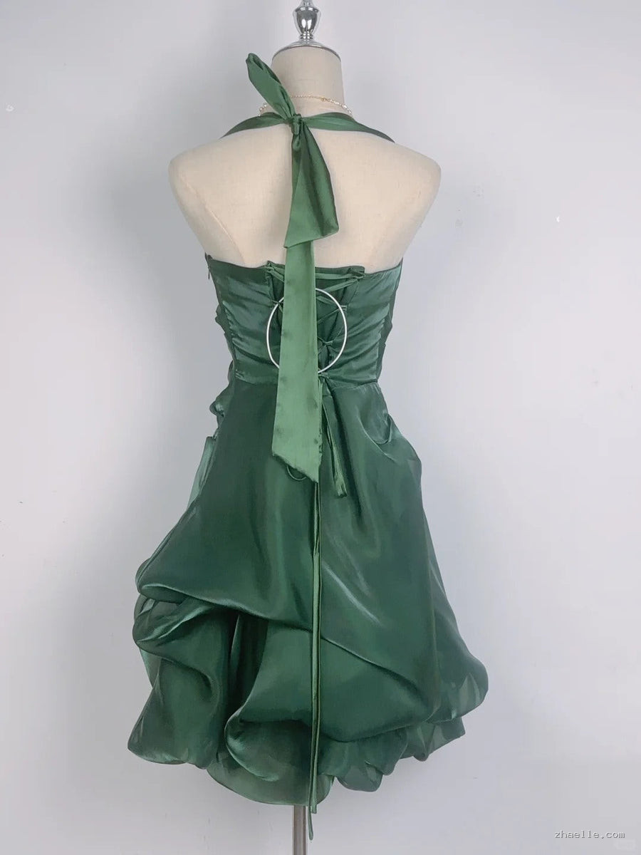 Vintage Green Halter Neck Mini Dress Short Party Gown - Zhaelle formal gown