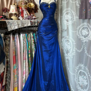 Vintage Halter Mermaid Long Prom Dresses Beaded Satin Blue Evening Dress Birthday Gown - Zhaelle formal gown