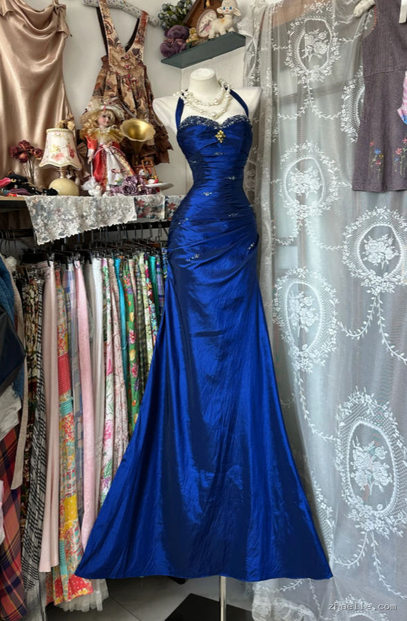 Vintage Halter Mermaid Long Prom Dresses Beaded Satin Blue Evening Dress Birthday Gown - Zhaelle formal gown