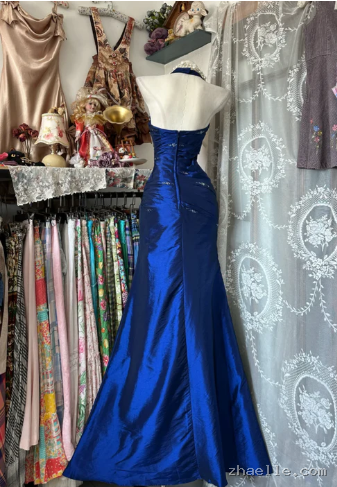 Vintage Halter Mermaid Long Prom Dresses Beaded Satin Blue Evening Dress Birthday Gown - Zhaelle formal gown