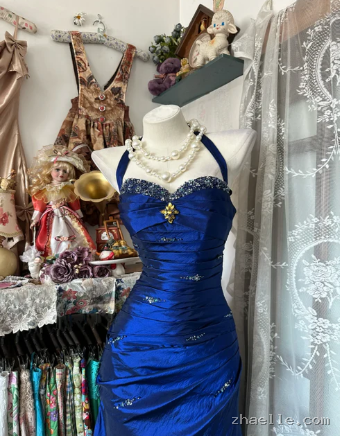 Vintage Halter Mermaid Long Prom Dresses Beaded Satin Blue Evening Dress Birthday Gown - Zhaelle formal gown