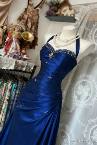 Vintage Halter Mermaid Long Prom Dresses Beaded Satin Blue Evening Dress Birthday Gown - Zhaelle formal gown