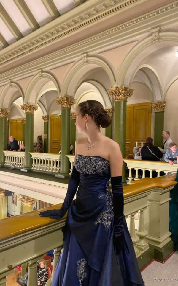 Vintage Navy Blue Exquisite Floral Long Satin Ball Gown Evening Dress - Zhaelle formal gown