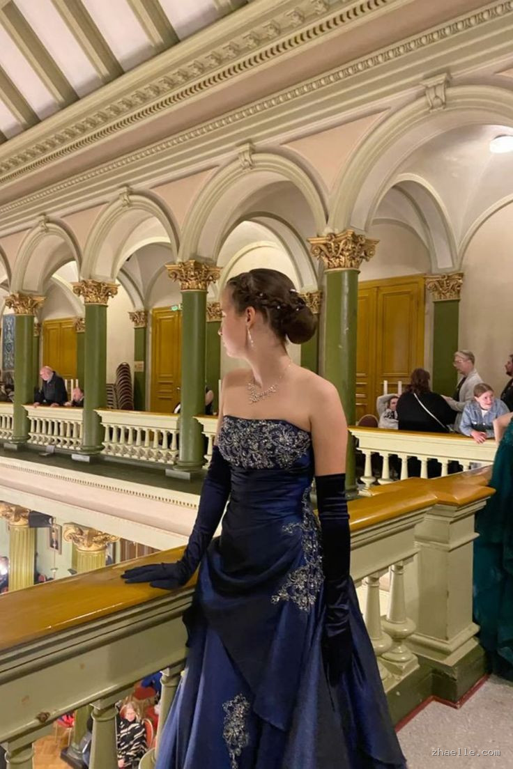 Vintage Navy Blue Exquisite Floral Long Satin Ball Gown Evening Dress - Zhaelle formal gown
