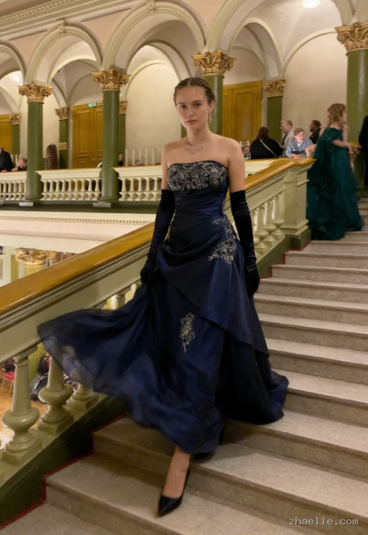 Vintage Navy Blue Exquisite Floral Long Satin Ball Gown Evening Dress - Zhaelle formal gown