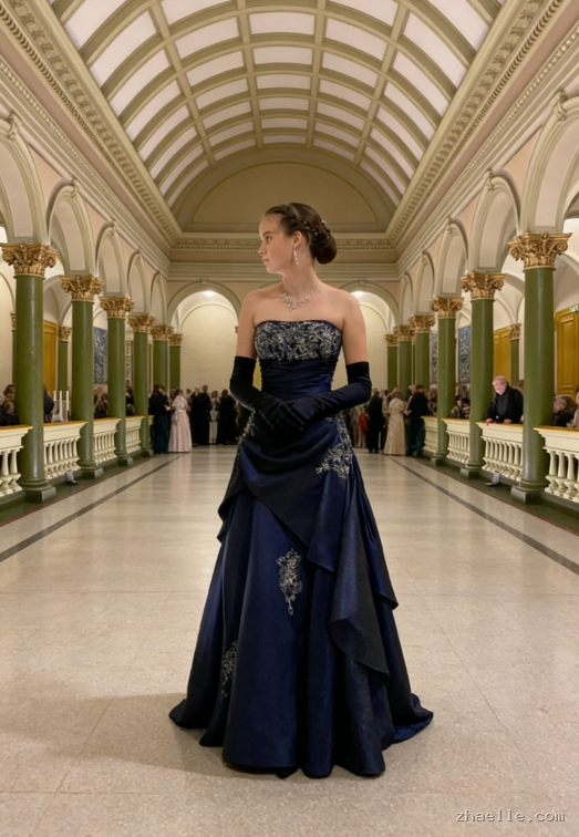 Vintage Navy Blue Exquisite Floral Long Satin Ball Gown Evening Dress - Zhaelle formal gown