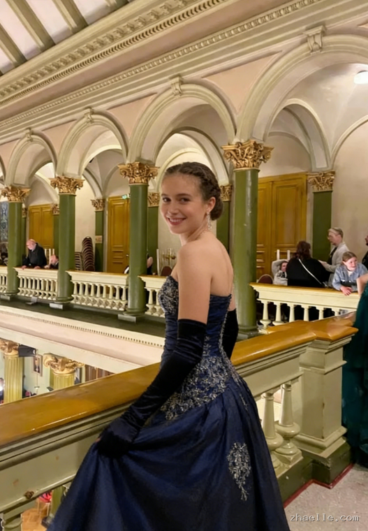 Vintage Navy Blue Exquisite Floral Long Satin Ball Gown Evening Dress - Zhaelle formal gown