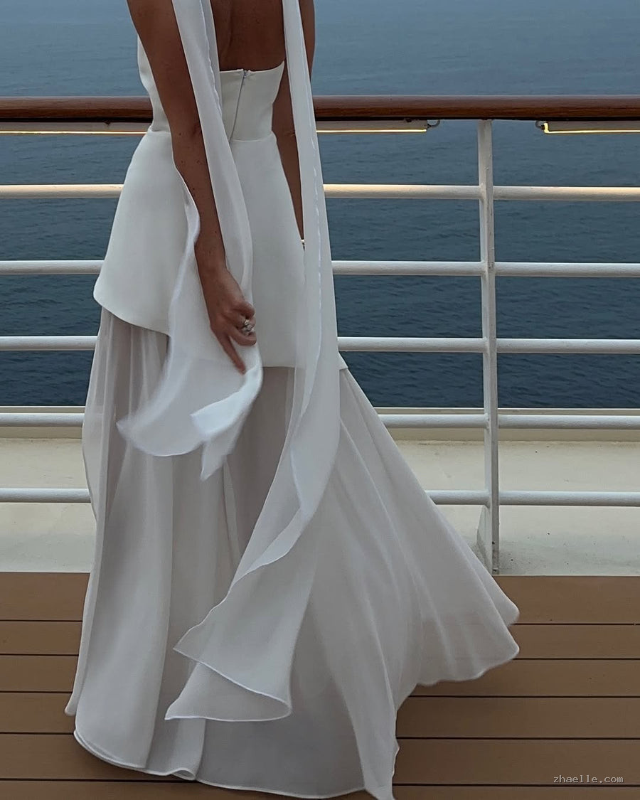White Strapless Satin Chiffon Split Holiday Summer Prom Dress - Zhaelle formal gown