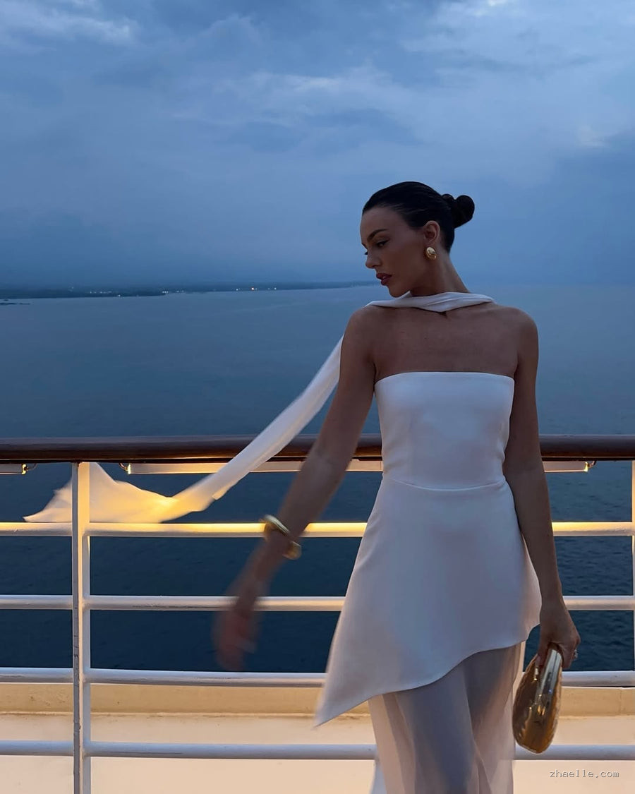 White Strapless Satin Chiffon Split Holiday Summer Prom Dress - Zhaelle formal gown
